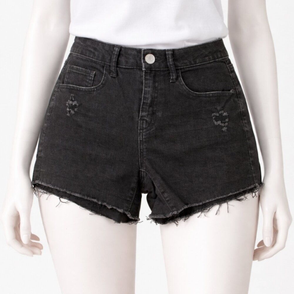 American Eagle Womens Shorts Size 7 High Rise Shortie Black Distressed Denim